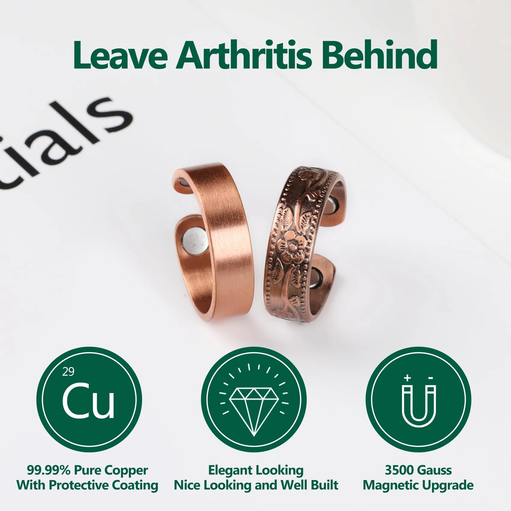 2PCS Copper Rings for Women Men,Magnetic Therapy Copper Ring,Adjustable Jewelry Gift with Ring Box(Vintage Flower|Uncoated Sleek)