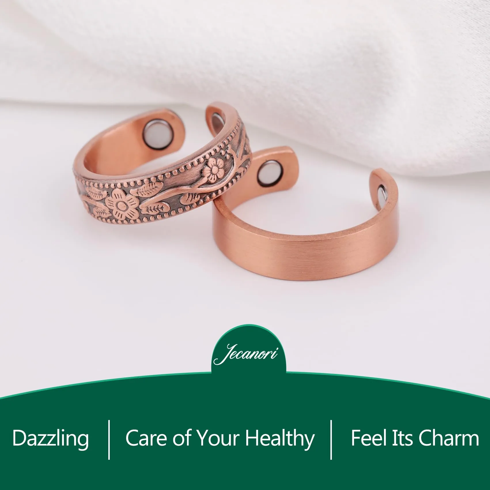2PCS Copper Rings for Women Men,Magnetic Therapy Copper Ring,Adjustable Jewelry Gift with Ring Box(Vintage Flower|Uncoated Sleek)