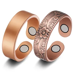 2PCS Copper Rings for Women Men,Magnetic Therapy Copper Ring,Adjustable Jewelry Gift with Ring Box(Vintage Flower|Uncoated Sleek)