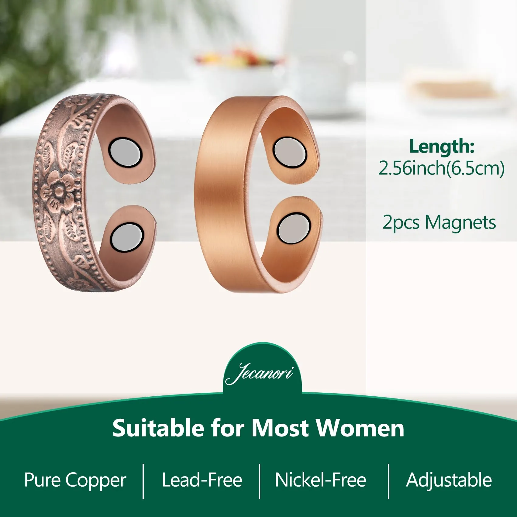 2PCS Copper Rings for Women Men,Magnetic Therapy Copper Ring,Adjustable Jewelry Gift with Ring Box(Vintage Flower|Uncoated Sleek)