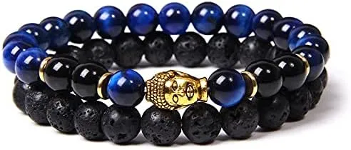 2pcs/set Naural Lava Beads Bracelet 8mm Tiger Eye Beads Gold Color Buddha Head Charm Bracelet Prayer Jewelry