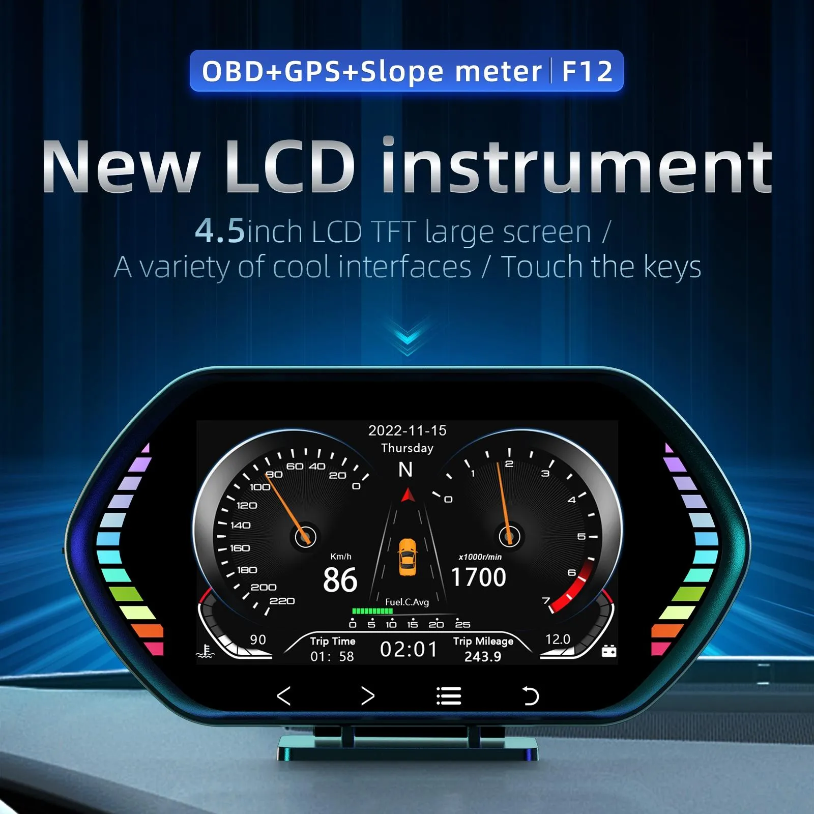 4.5 Inch Hd Obd Lcd Car Gps Slope Meter Hud Display