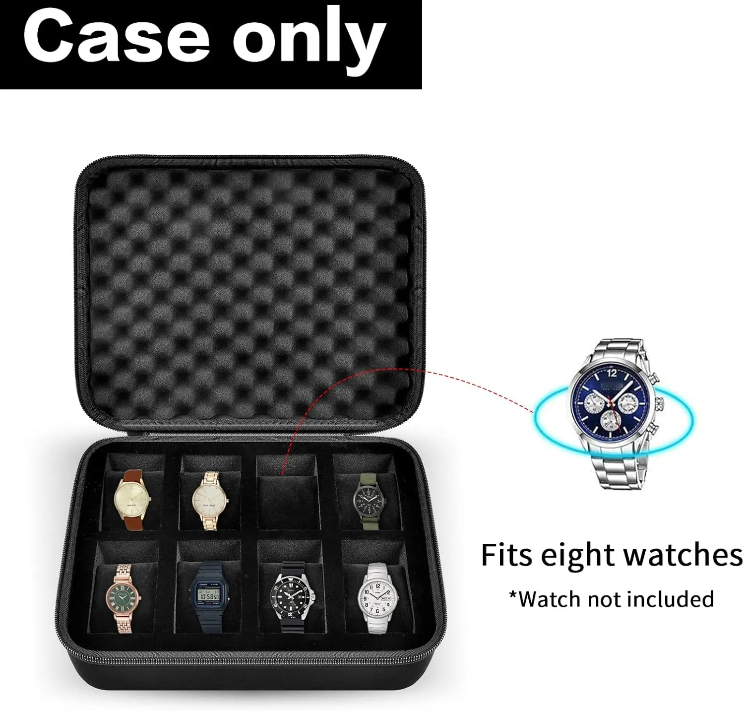8 Slots Watch Box Organizer/Men Watch Display Storage Case Fits All Wristwatches and Smart Watches up to 42mm - Black