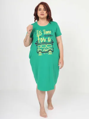 Adventure Time Women's Cotton Plus Size Short Nighty with Pocket - Green