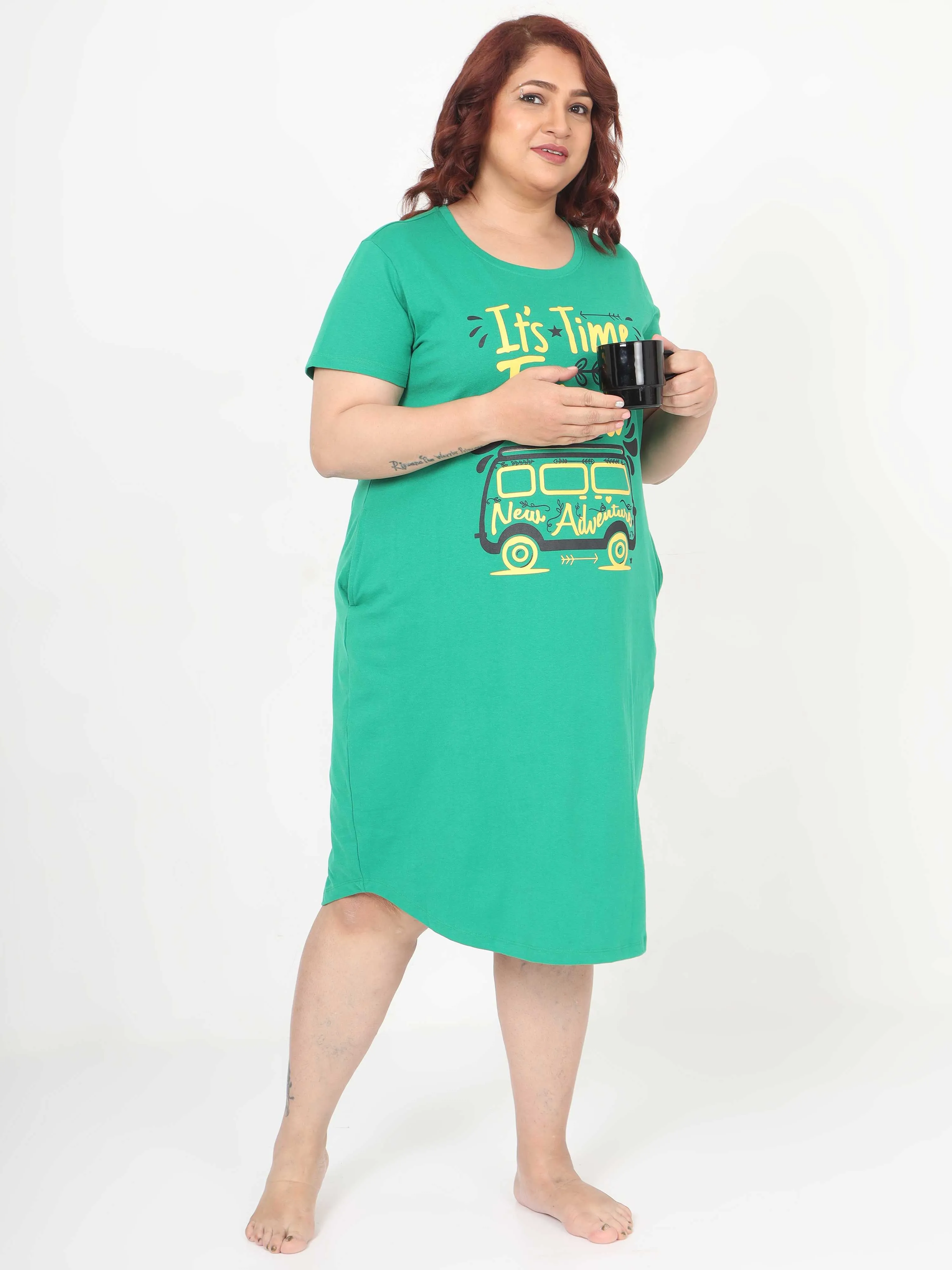 Adventure Time Women's Cotton Plus Size Short Nighty with Pocket - Green