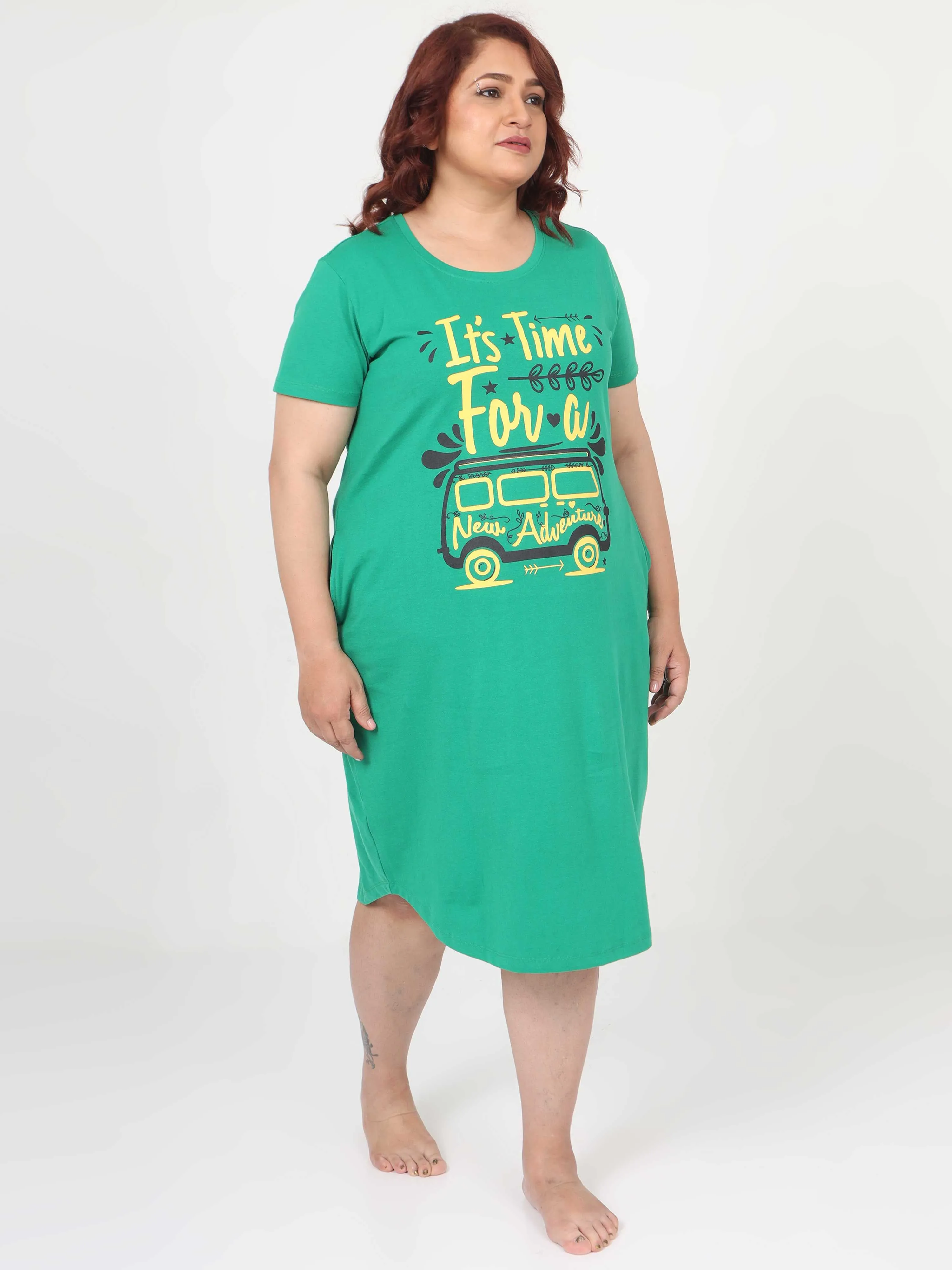 Adventure Time Women's Cotton Plus Size Short Nighty with Pocket - Green