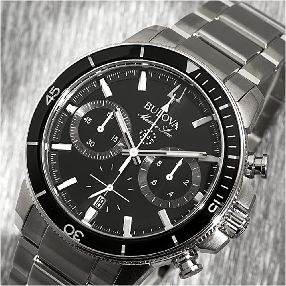 Bulova Men's Black Dial Silver Stainless Steel Band Quartz Watch - 96B272