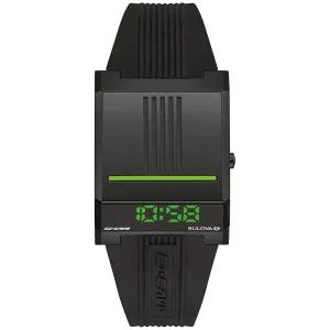 Bulova Mens LED Computron D-Cave Green Dial Black Silicone Band Mineral Crystal Watch - 98C141
