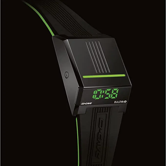 Bulova Mens LED Computron D-Cave Green Dial Black Silicone Band Mineral Crystal Watch - 98C141
