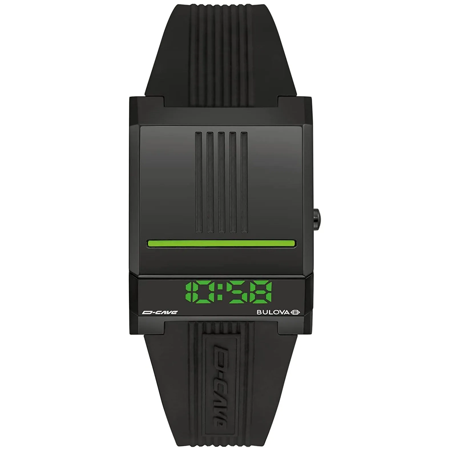 Bulova Mens LED Computron D-Cave Green Dial Black Silicone Band Mineral Crystal Watch - 98C141