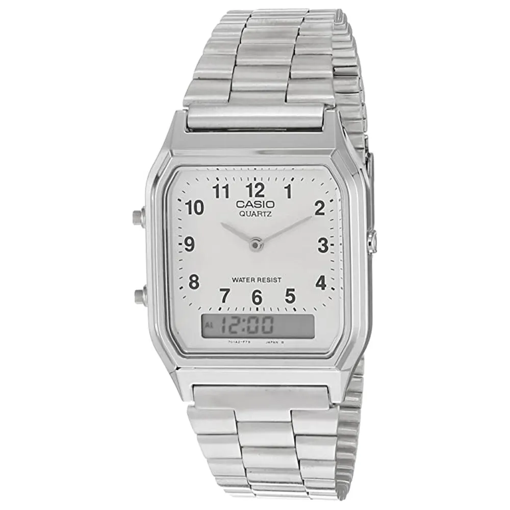 Casio Men's White Dial Silver Stainless Steel Band Quartz Watch - AQ-230A-7BMQ