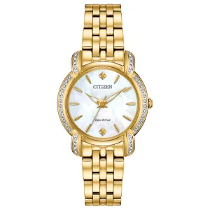 Citizen Eco Drive Jolie Gold Tone Watch with Mother of Pearl and Diamond EM0692-54D