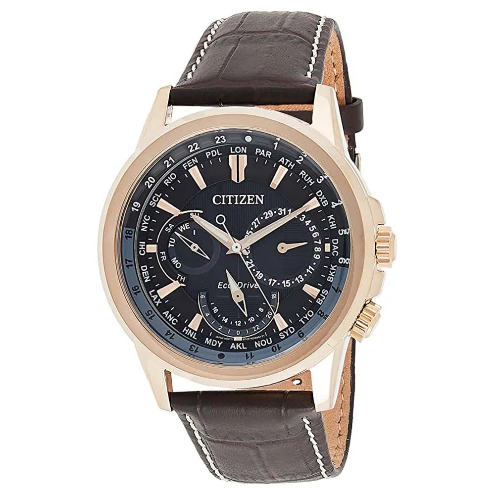 Citizen Men's Black Dial Brown Leather Band Eco-Drive Calendrier World Quartz Watch - BU2023-12E