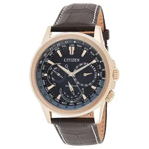 Citizen Men's Black Dial Brown Leather Band Eco-Drive Calendrier World Quartz Watch - BU2023-12E