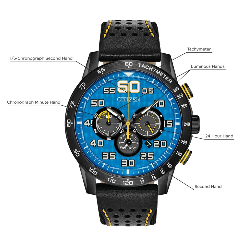 Citizen Mens Eco-drive Primo Blue Dial Black Band Date Indicator Chronograph Stainless Steel Watch - CA4435-08L