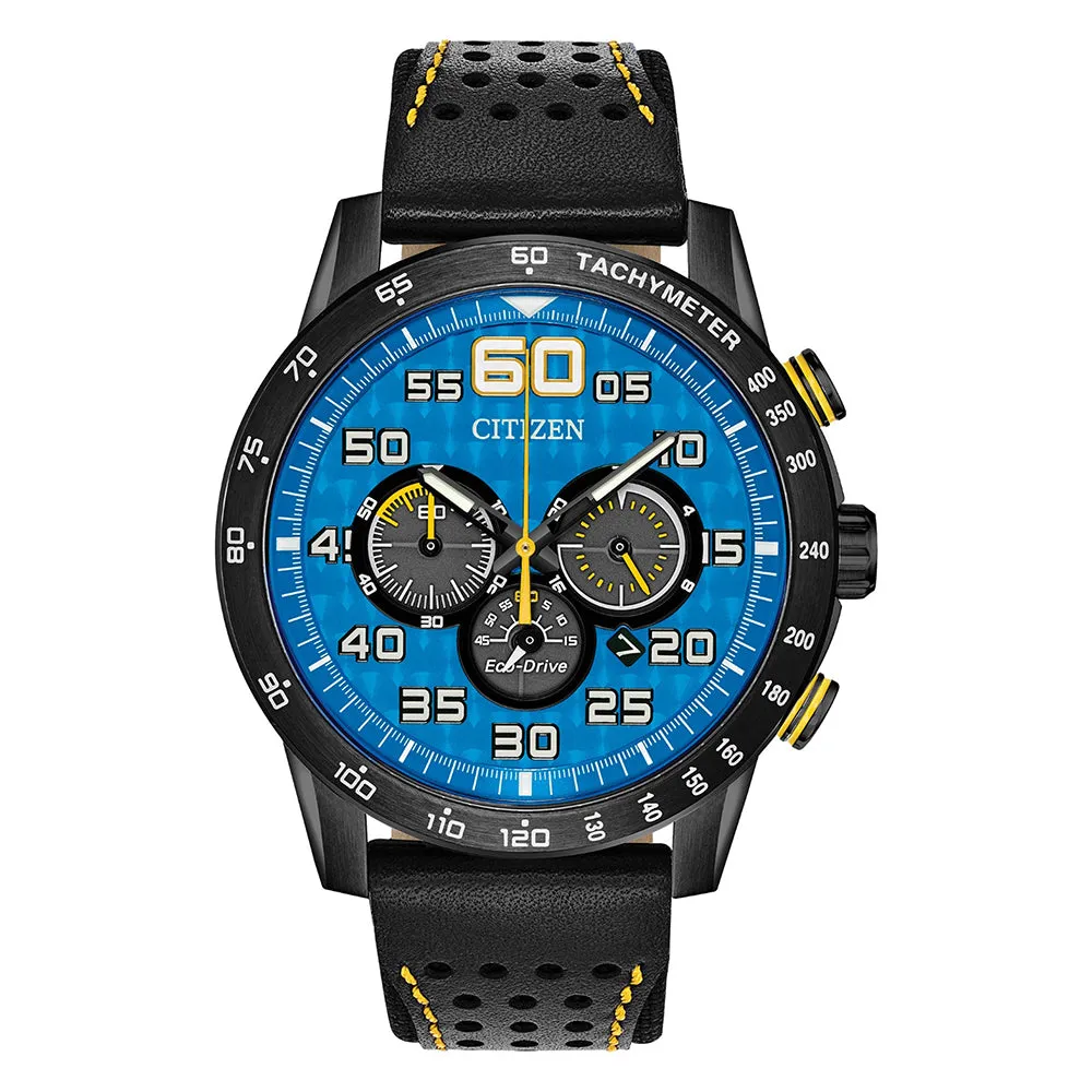 Citizen Mens Eco-drive Primo Blue Dial Black Band Date Indicator Chronograph Stainless Steel Watch - CA4435-08L