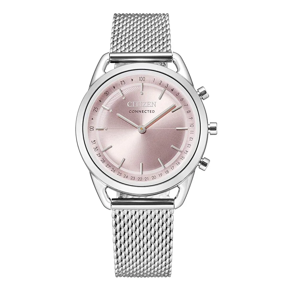 Citizen Womens Pink Dial Silver Band Stainless Steel Mesh Bracelet Watch - HX0000-59X
