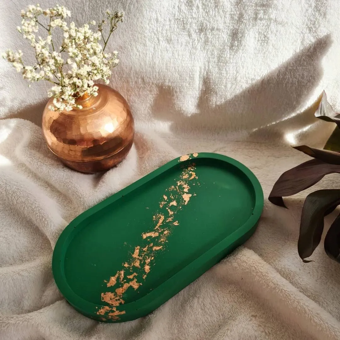 Emerald Green Handmade Decorative Trinket Tray / Dish with bronze flakes