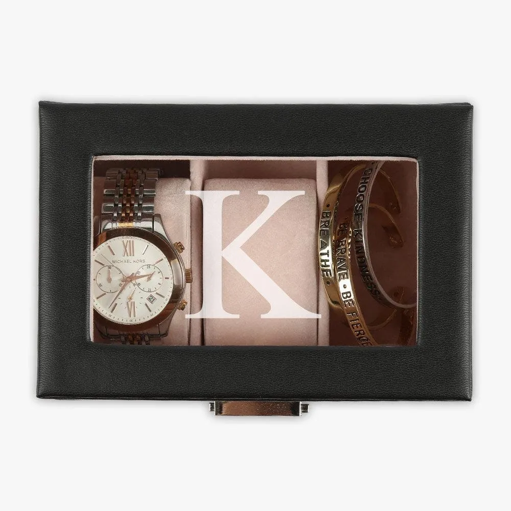 Exclusive Sale | Personalized 3-slot Small Black Leather Watch Case