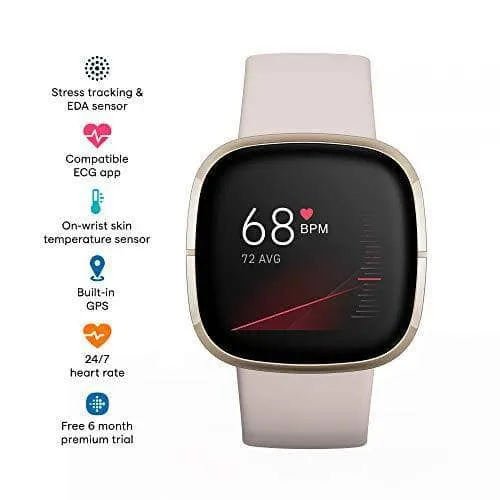 Fitbit Sense, Advanced Smartwatch with Tools for Heart Health, Stress Management & Skin Temperature Trends, Lunar White/Soft Gold Stainless Steel