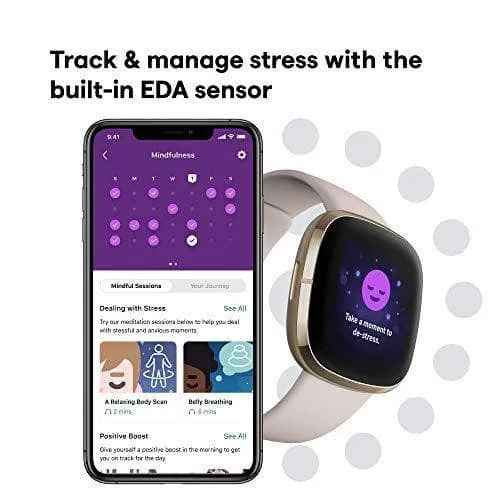 Fitbit Sense, Advanced Smartwatch with Tools for Heart Health, Stress Management & Skin Temperature Trends, Lunar White/Soft Gold Stainless Steel
