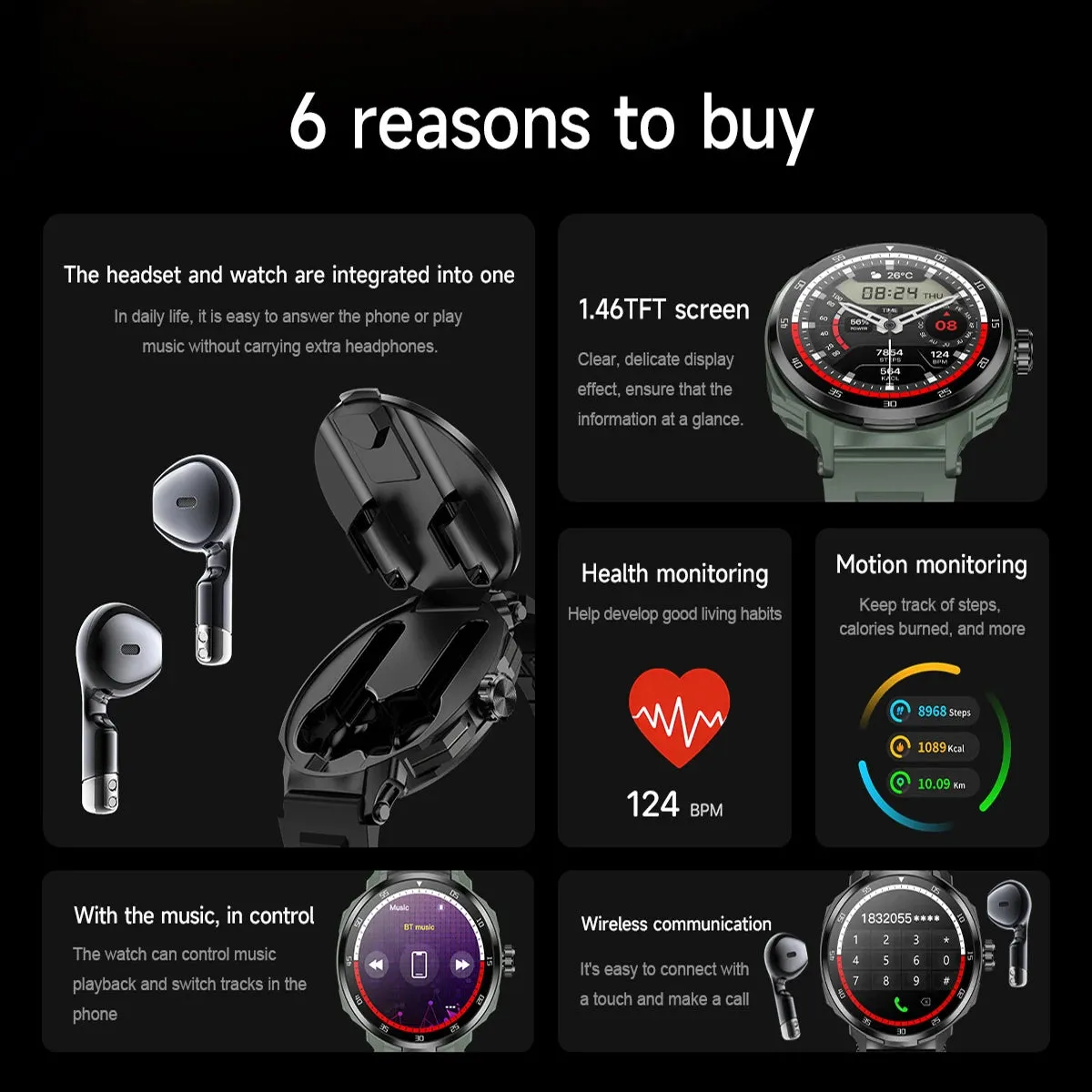 Headset Smart Watch Men TWS 2 in 1 Wireless BluetoothCall Earphone NFC Blood Pressure Heart Rate Testing Health Sport Smartwatch