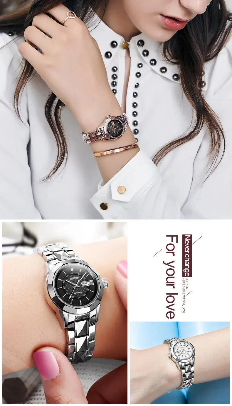 JSDUN 8014 Automatic Mechanical Watch For Women Dual Calendar Tungsten Steel Strap Hand Clock Luxury Elegant Women's Watches
