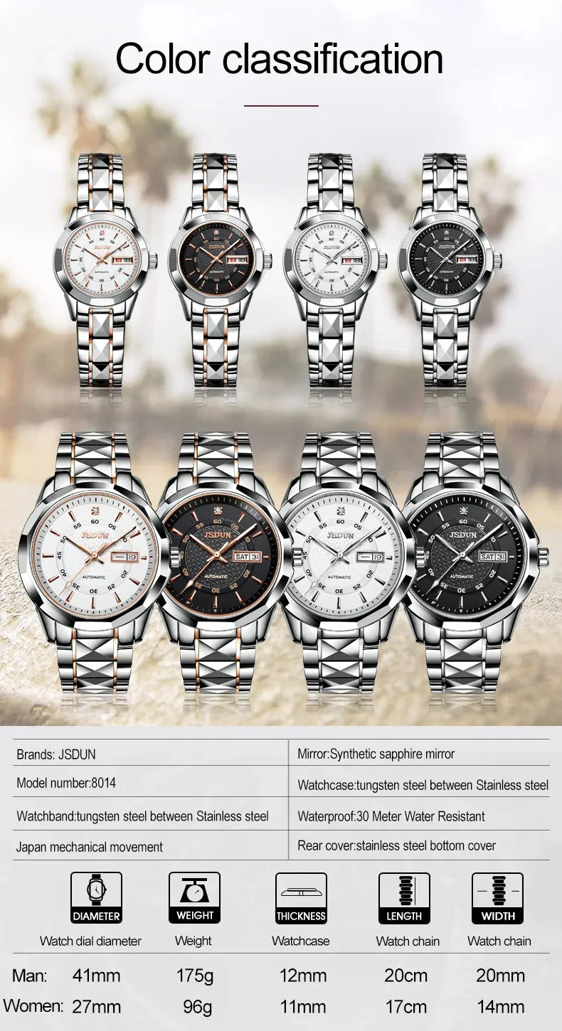 JSDUN 8014 Automatic Mechanical Watch For Women Dual Calendar Tungsten Steel Strap Hand Clock Luxury Elegant Women's Watches