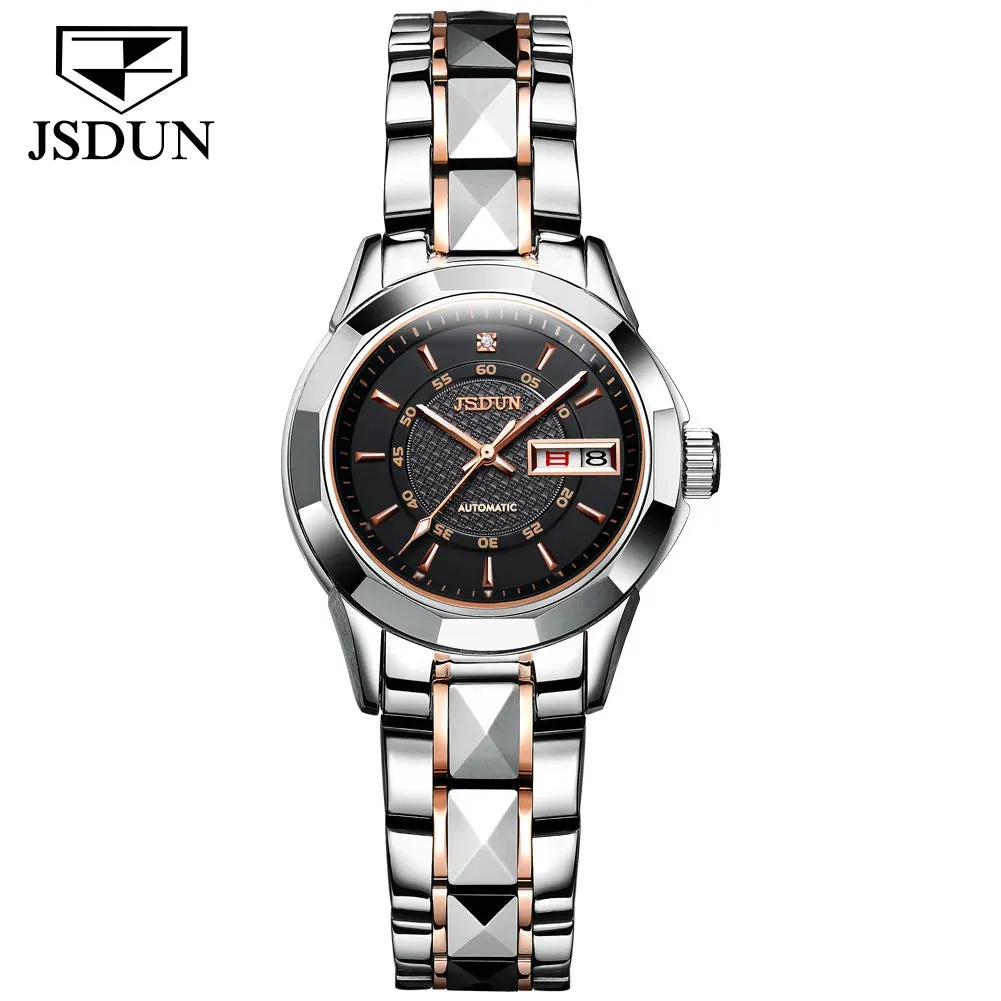 JSDUN 8014 Automatic Mechanical Watch For Women Dual Calendar Tungsten Steel Strap Hand Clock Luxury Elegant Women's Watches