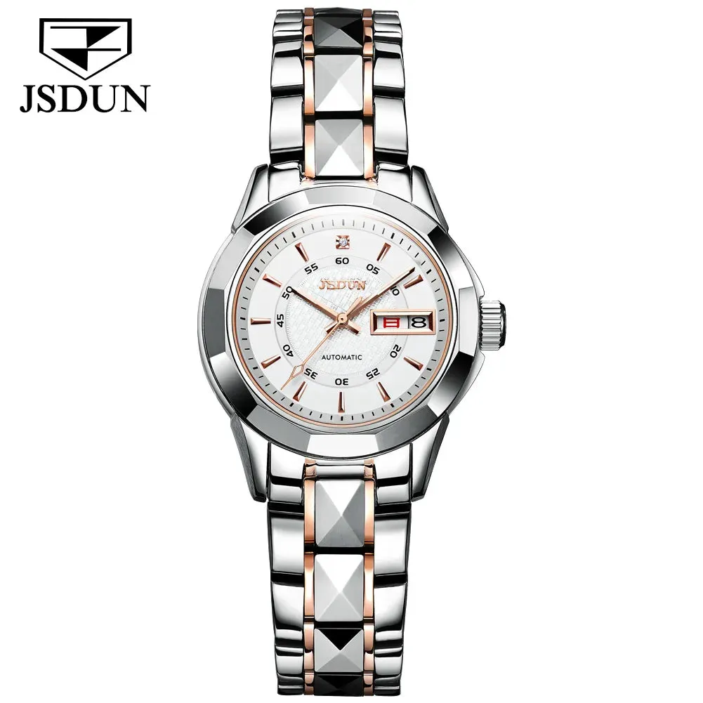 JSDUN 8014 Automatic Mechanical Watch For Women Dual Calendar Tungsten Steel Strap Hand Clock Luxury Elegant Women's Watches