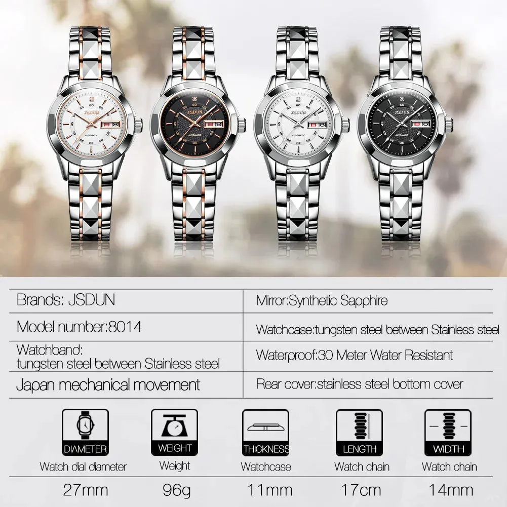 JSDUN 8014 Automatic Mechanical Watch For Women Dual Calendar Tungsten Steel Strap Hand Clock Luxury Elegant Women's Watches
