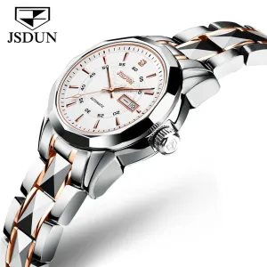JSDUN 8014 Automatic Mechanical Watch For Women Dual Calendar Tungsten Steel Strap Hand Clock Luxury Elegant Women's Watches