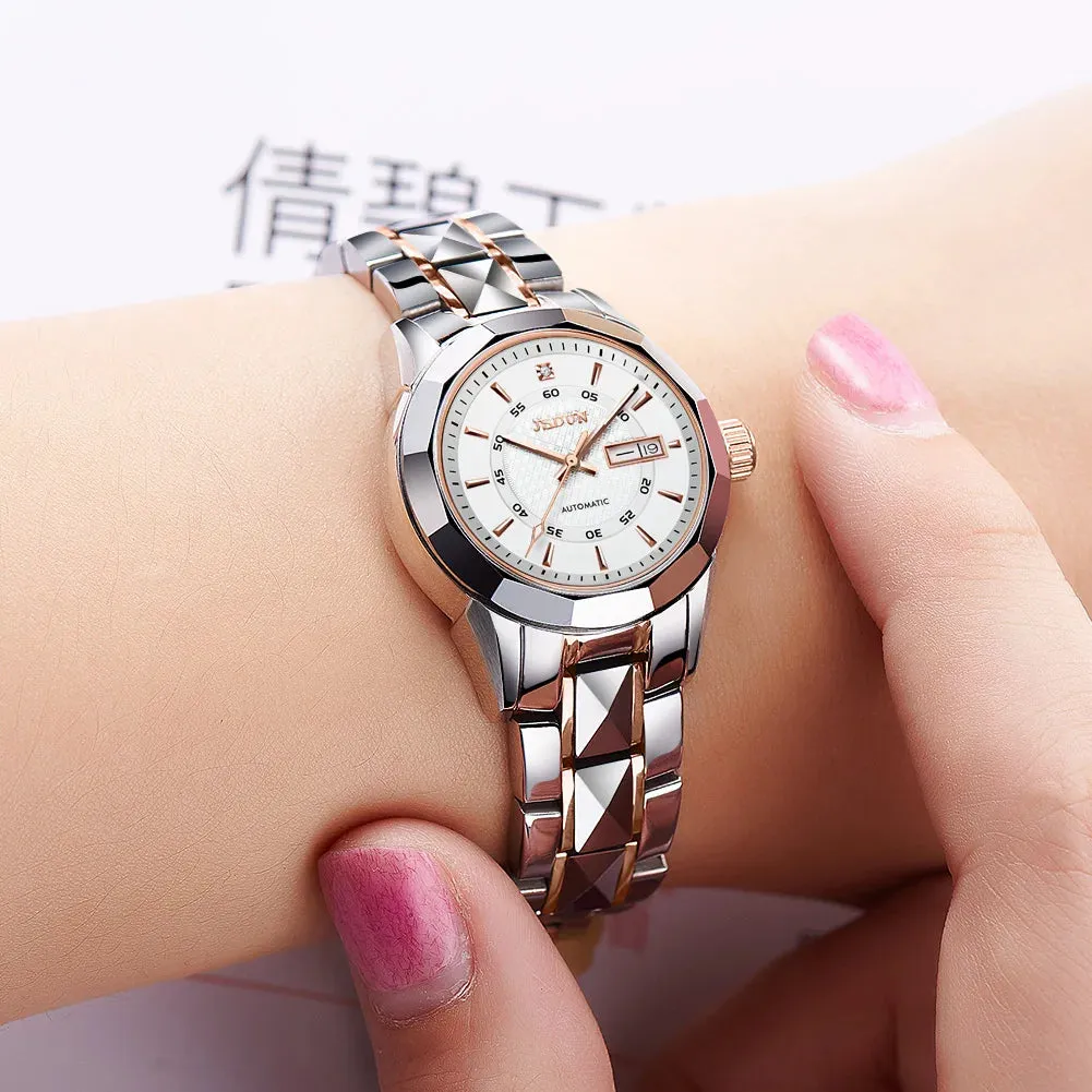 JSDUN 8014 Automatic Mechanical Watch For Women Dual Calendar Tungsten Steel Strap Hand Clock Luxury Elegant Women's Watches