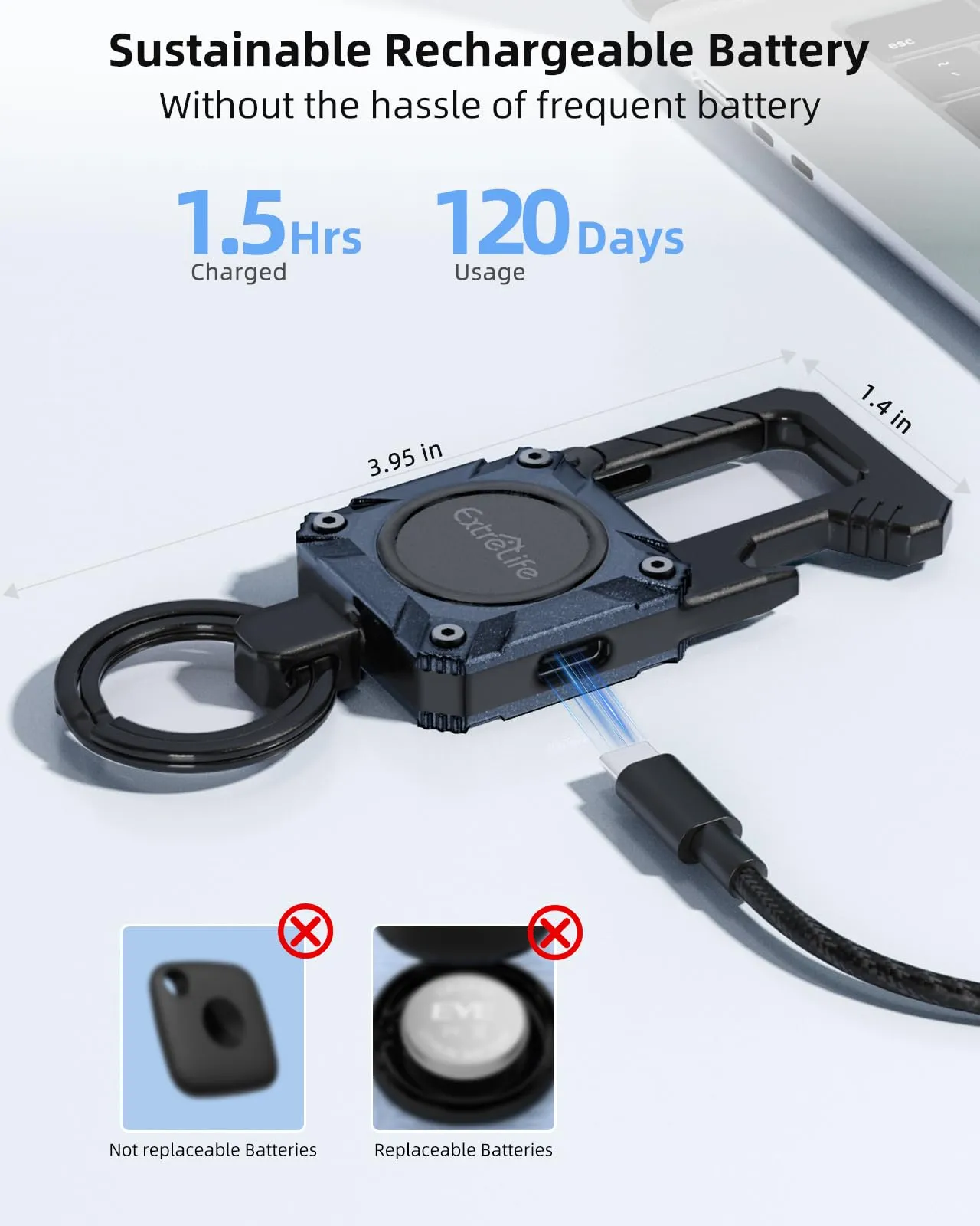 Keychain, Works with Apple Find My, Heavy Duty Keychain Bottle Opener, Carabiner Car Key Chains with GPS Tracker, Key Finder, Bluetooth Tracker for Luggage, Kids, Bags and More, Rechargeable, Blue
