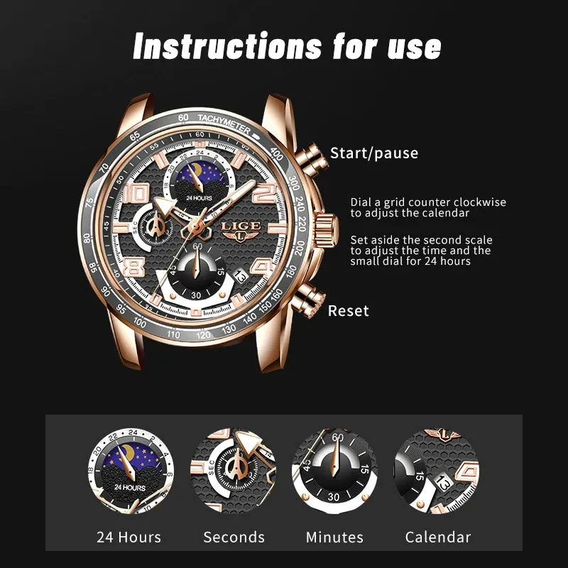 LIGE Luxury Chronograph Men's Strap Quartz Watches LG8955