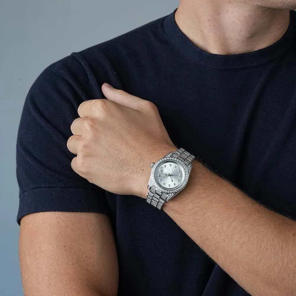 Moissanite Presidential Watch | White Face | 41MM | 13.3CT Iced Out | 14K White Gold