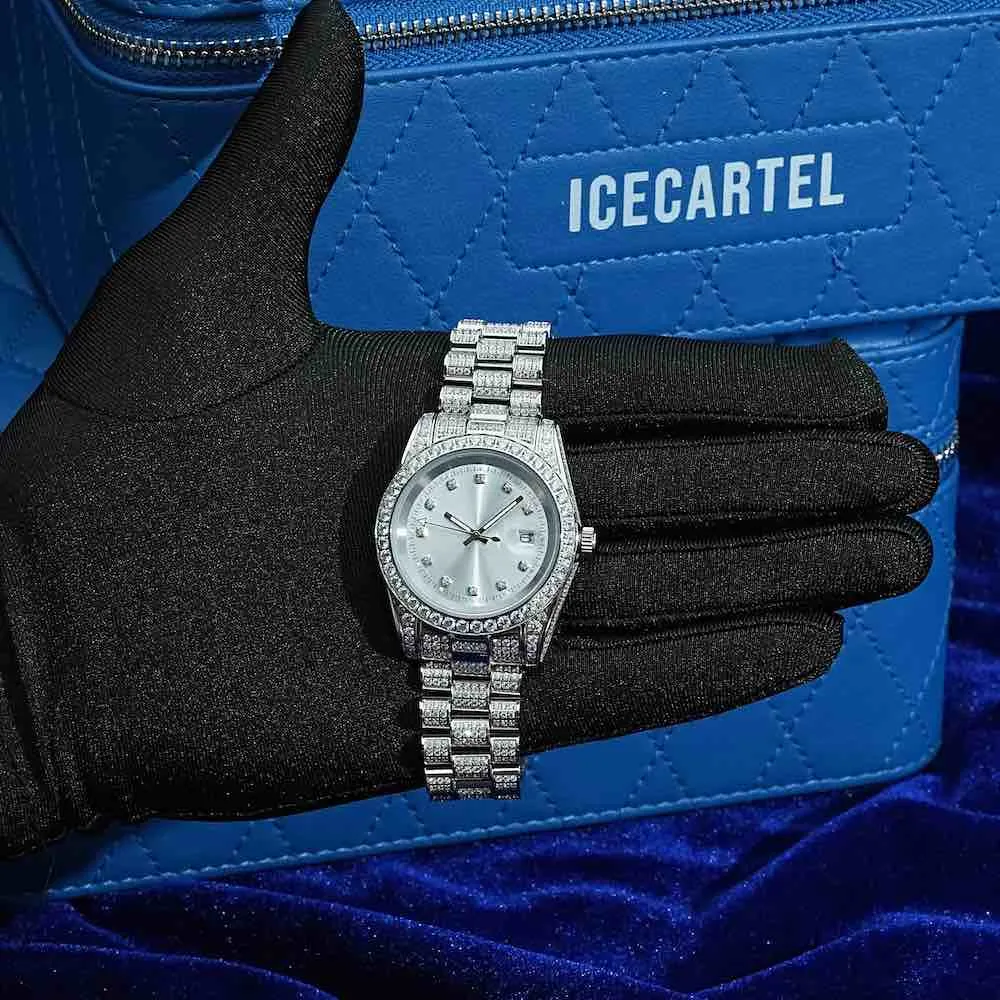 Moissanite Presidential Watch | White Face | 41MM | 13.3CT Iced Out | 14K White Gold