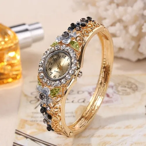 New Golden Luxury Bracelet Watch Lady Flower Design Alloy Band Elegant Women