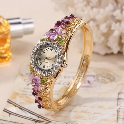 New Golden Luxury Bracelet Watch Lady Flower Design Alloy Band Elegant Women