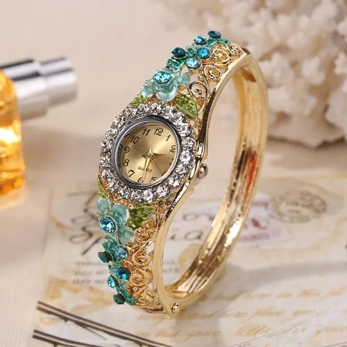 New Golden Luxury Bracelet Watch Lady Flower Design Alloy Band Elegant Women