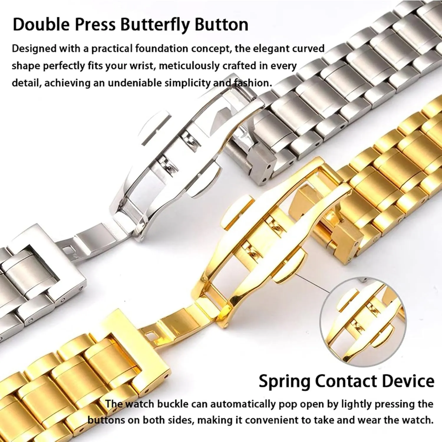Quick Release Stainless Steel Watch Band Bracelet 12mm to 24mm Straight & Curved End Universal Stainless Steel Metal Watch Strap Smartwatch Replacement Band Men Women