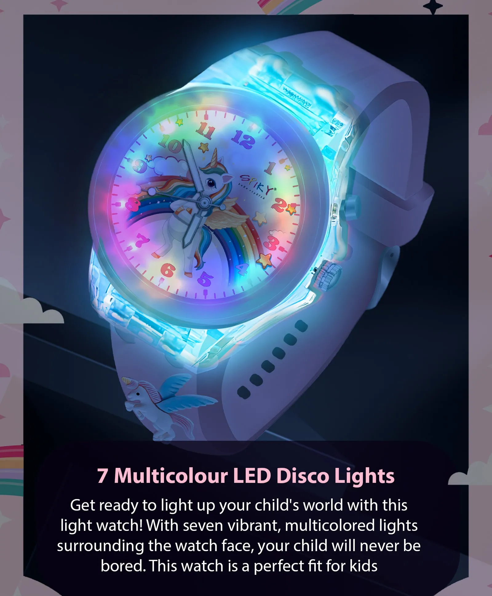 Spiky 3D Cartoon Unicorn Analog Light Watch for Kids Boys & Girls - Light Pink