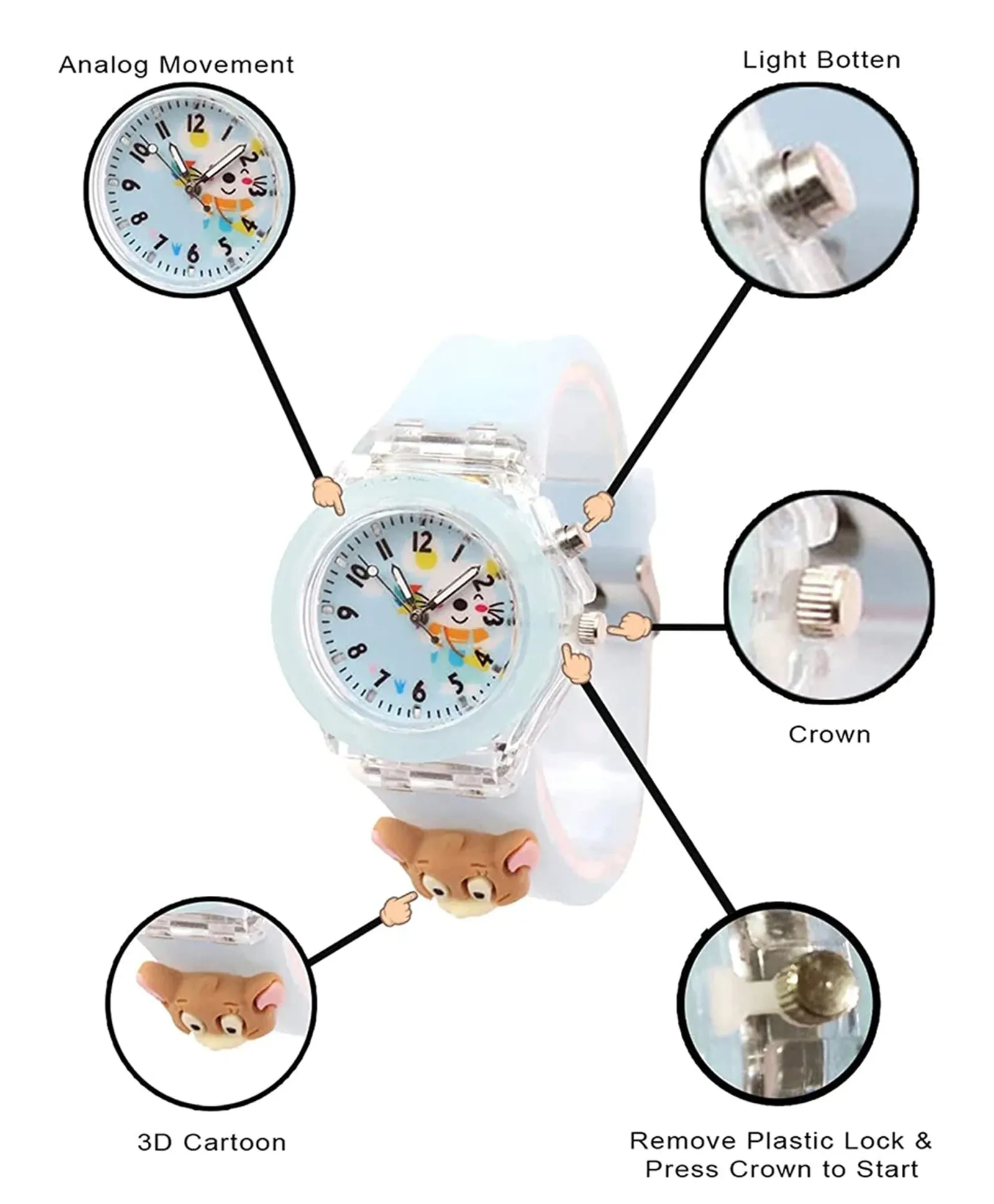 Spiky 3D Cartoon Unicorn Analog Light Watch for Kids Boys & Girls - Light Pink