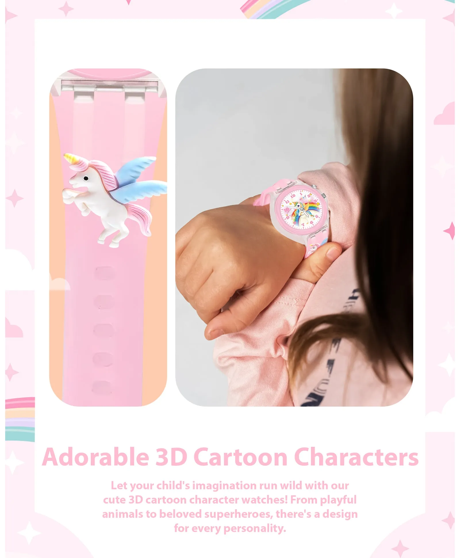 Spiky 3D Cartoon Unicorn Analog Light Watch for Kids Boys & Girls - Light Pink
