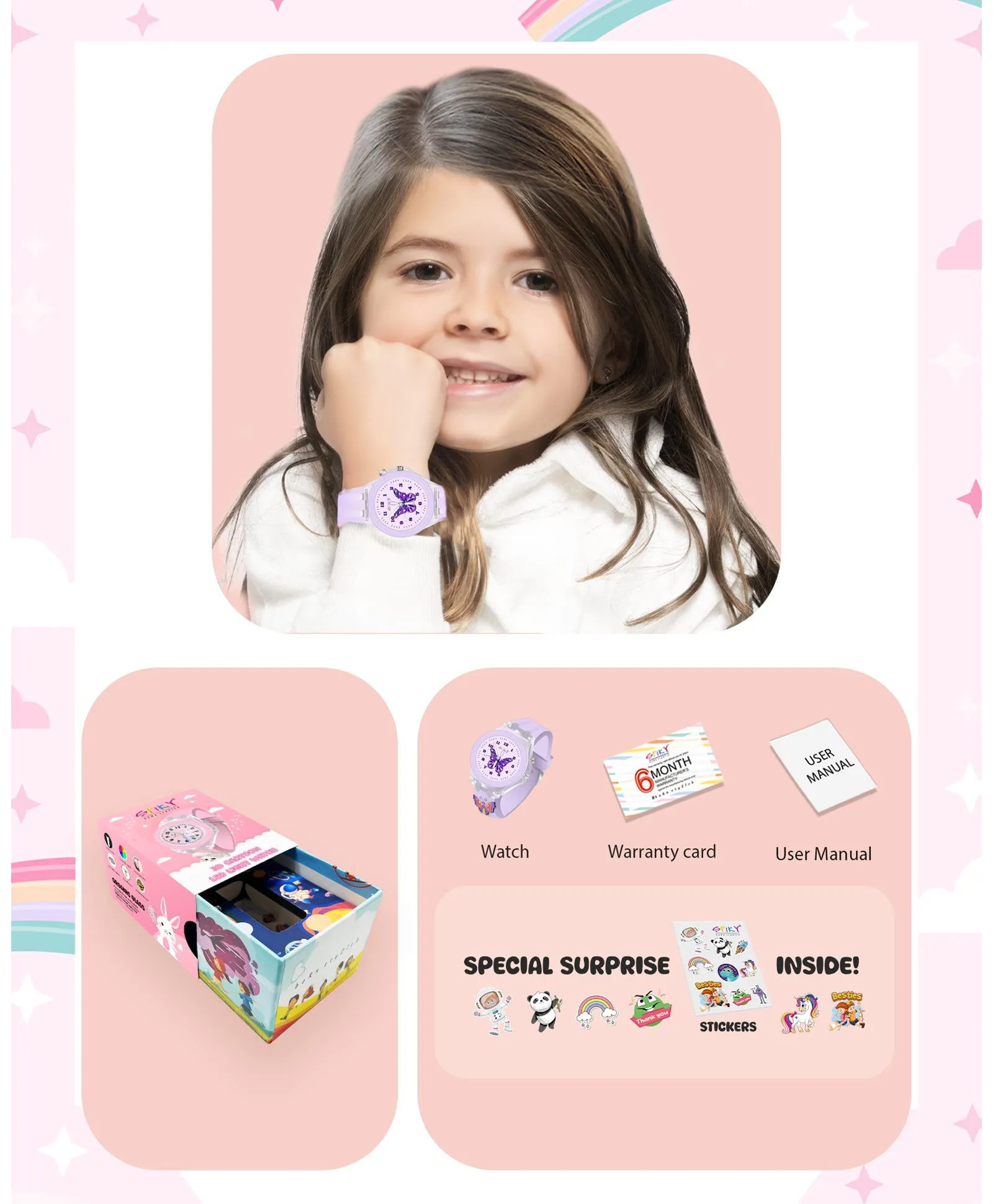Spiky 3D Cartoon Unicorn Analog Light Watch for Kids Boys & Girls - Light Pink
