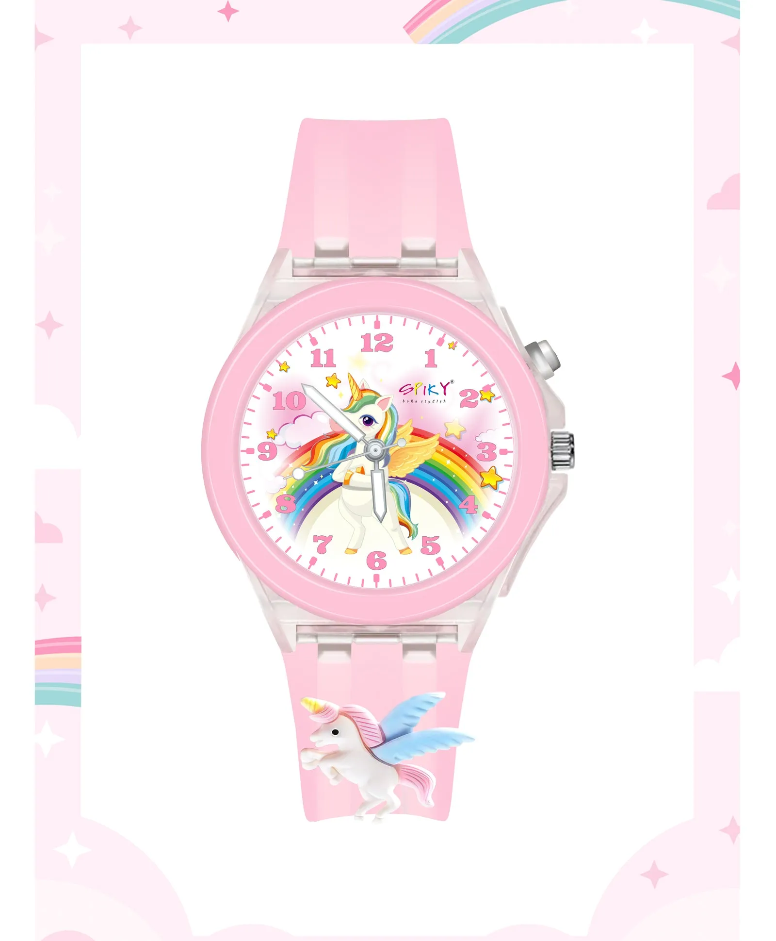 Spiky 3D Cartoon Unicorn Analog Light Watch for Kids Boys & Girls - Light Pink