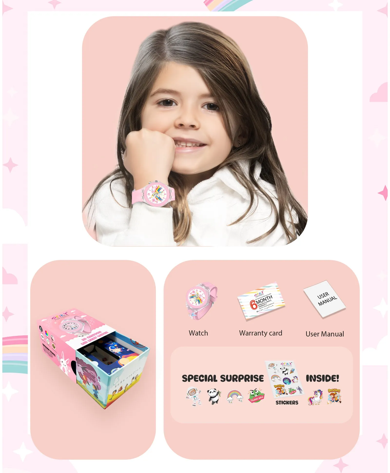 Spiky 3D Cartoon Unicorn Analog Light Watch for Kids Boys & Girls - Light Pink