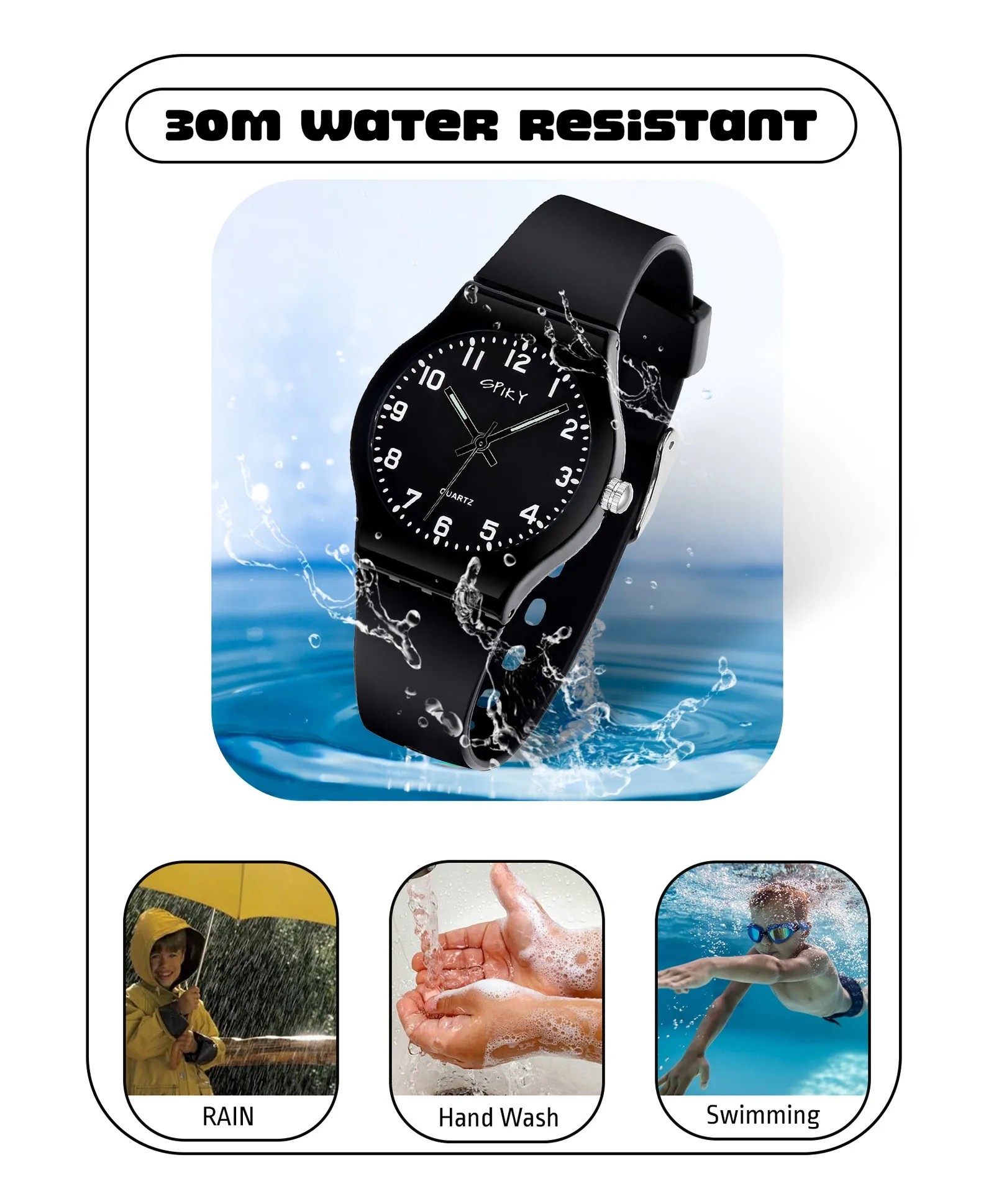 Spiky Round Analogue Kids Watch - Black