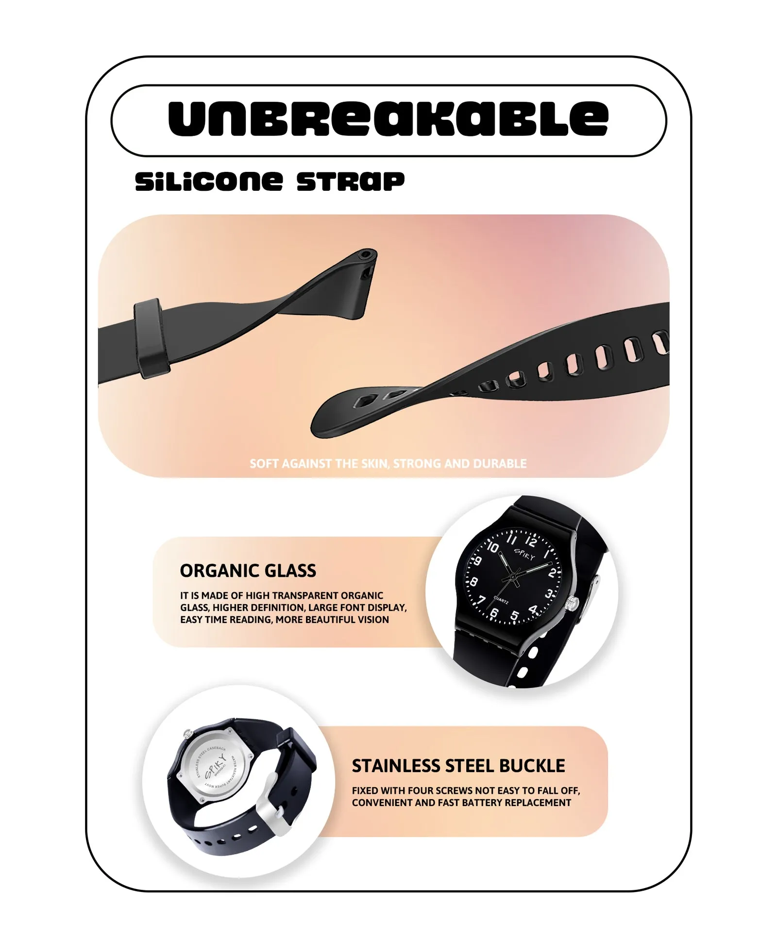 Spiky Round Analogue Kids Watch - Black
