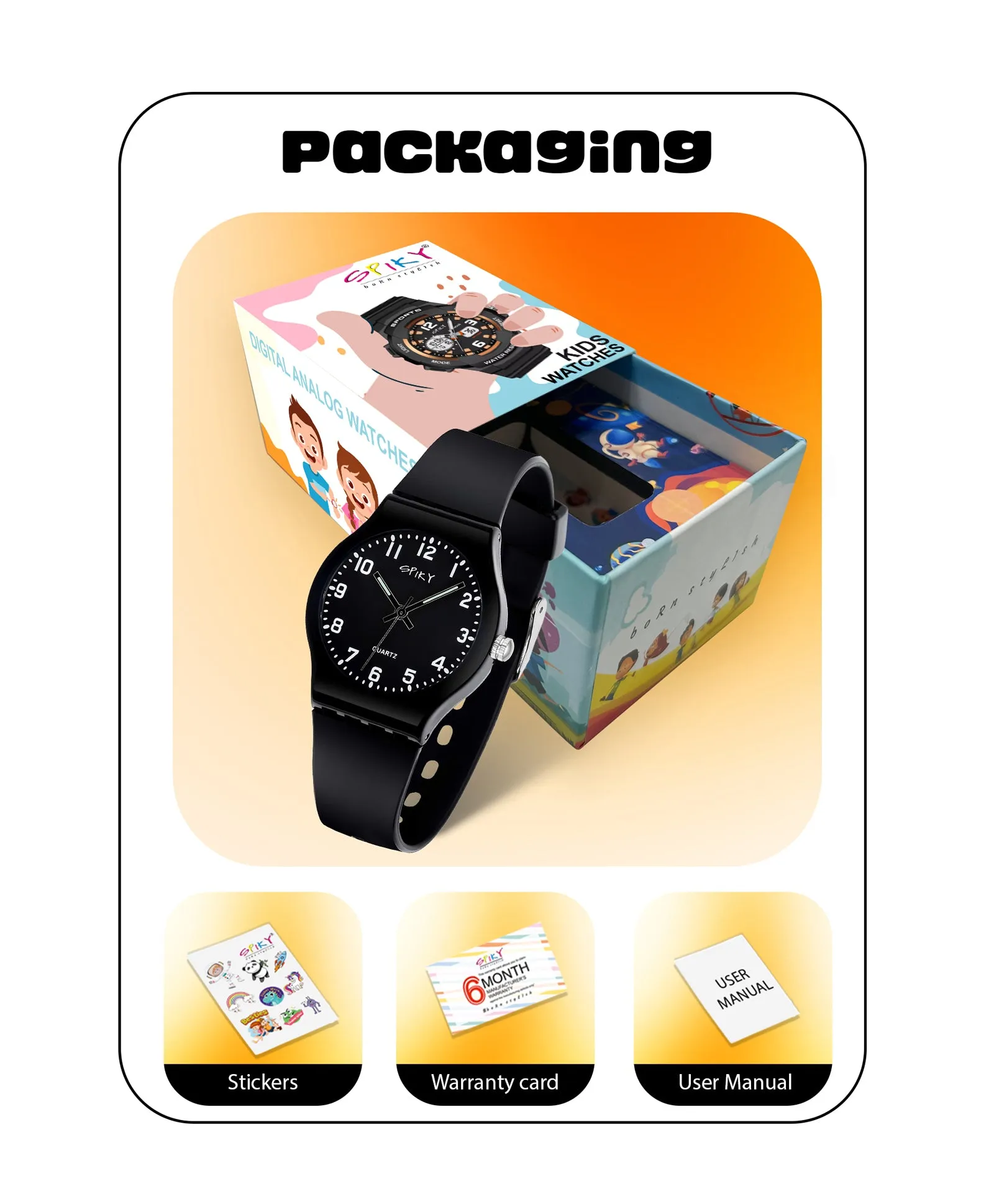 Spiky Round Analogue Kids Watch - Black